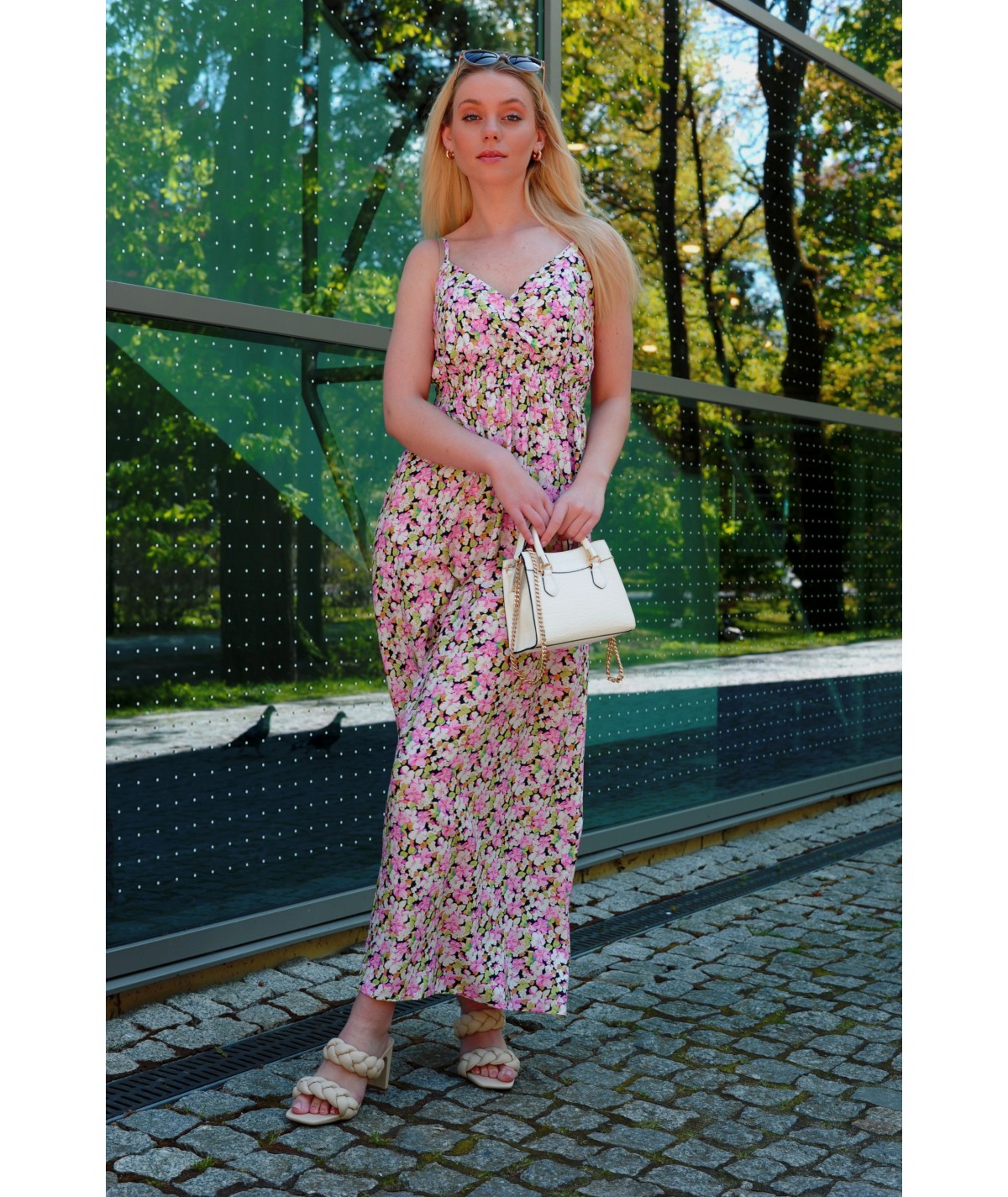 Flolala Pink summer flowing maxi dress with straps Merribel