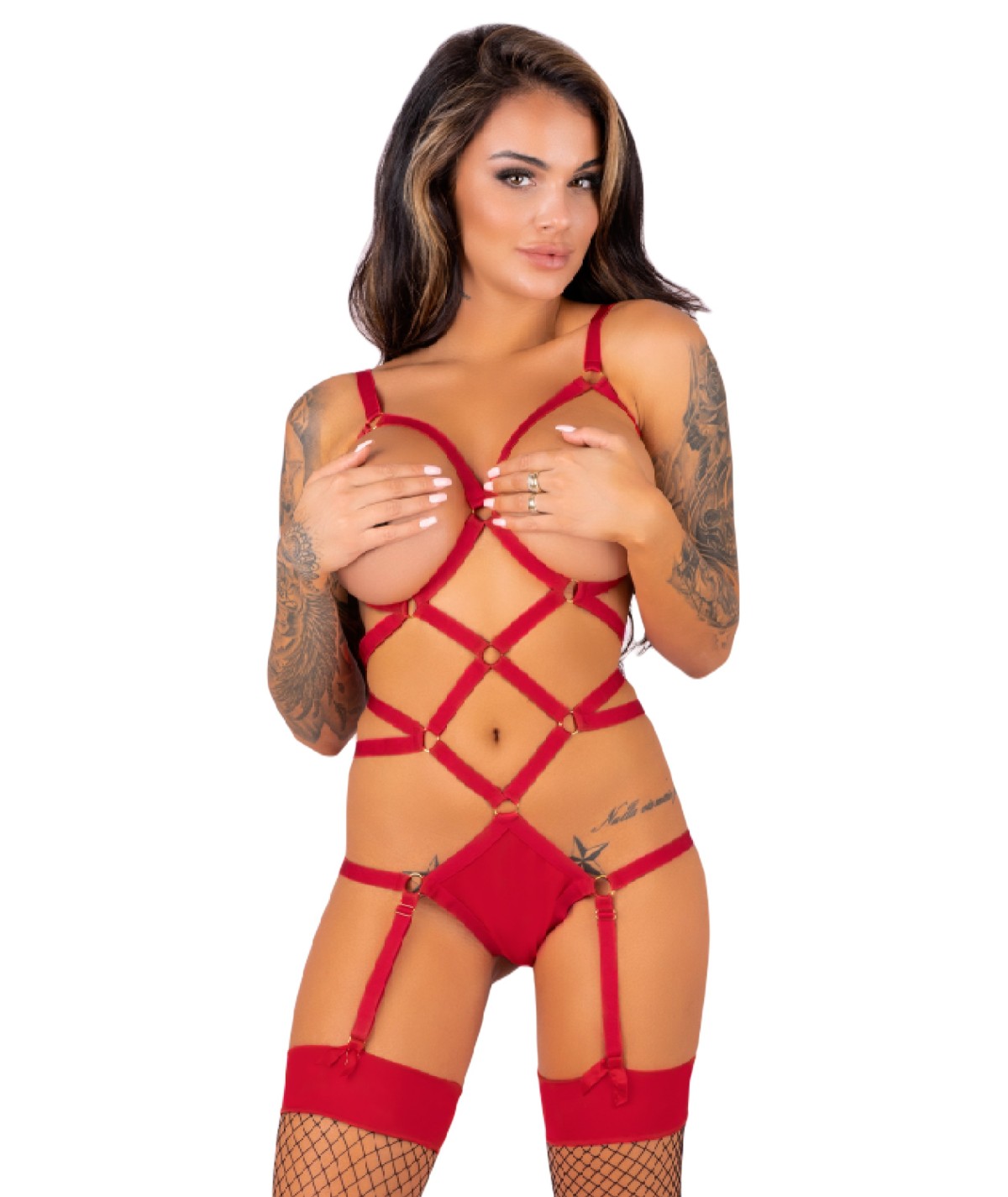 Thiara Red/Red sensual bodysuit with stockings by LivCo Corsetti Fashion